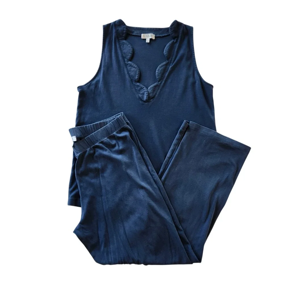 Lake Pajamas PJ Set Navy Blue 100% Pima Cotton Scallop Tank & Pants Women Medium - Picture 1 of 8